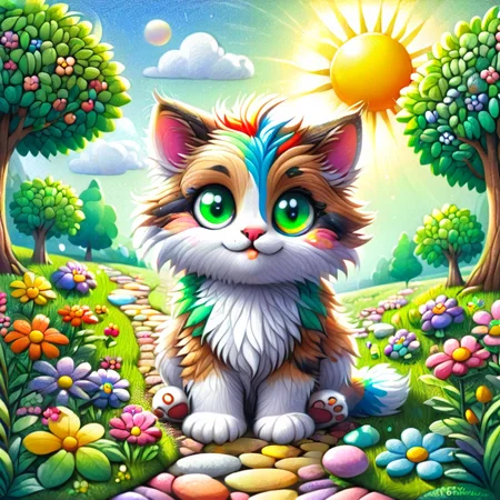 cr4y0n, colorful illustration, cartoon kitten, multicolored stones path, large eyes, fluffy fur, green trees,bright sun, flowers, whimsical, fantasy <lora:Colorful_Crayons:1>