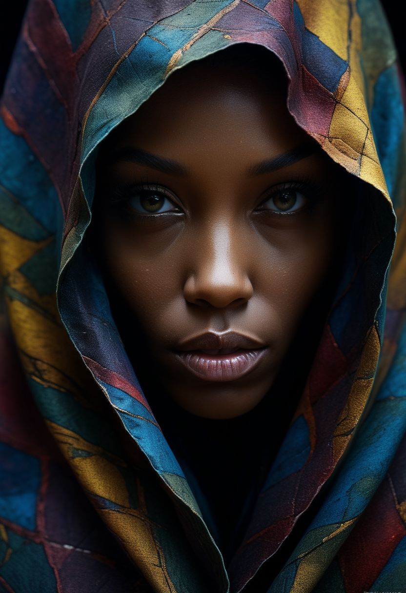 Close-up face, mysterious silhouette of an exotic coloured woman in worn down cape, goddess, alluring, by Minjae Lee, Carne Griffiths, Emily Kell, Steve McCurry, Geoffroy Thoorens, Aaron Horkey, Jordan Grimmer, Greg Rutkowski, amazing depth, double exposure, surreal, geometric patterns, intricately detailed, bokeh,  perfect balanced, deep fine borders, artistic photorealism , smooth,  great masterwork by Suiras  <lora:add-detail-xl:2>  <lora:Double_Exposure:0.5>