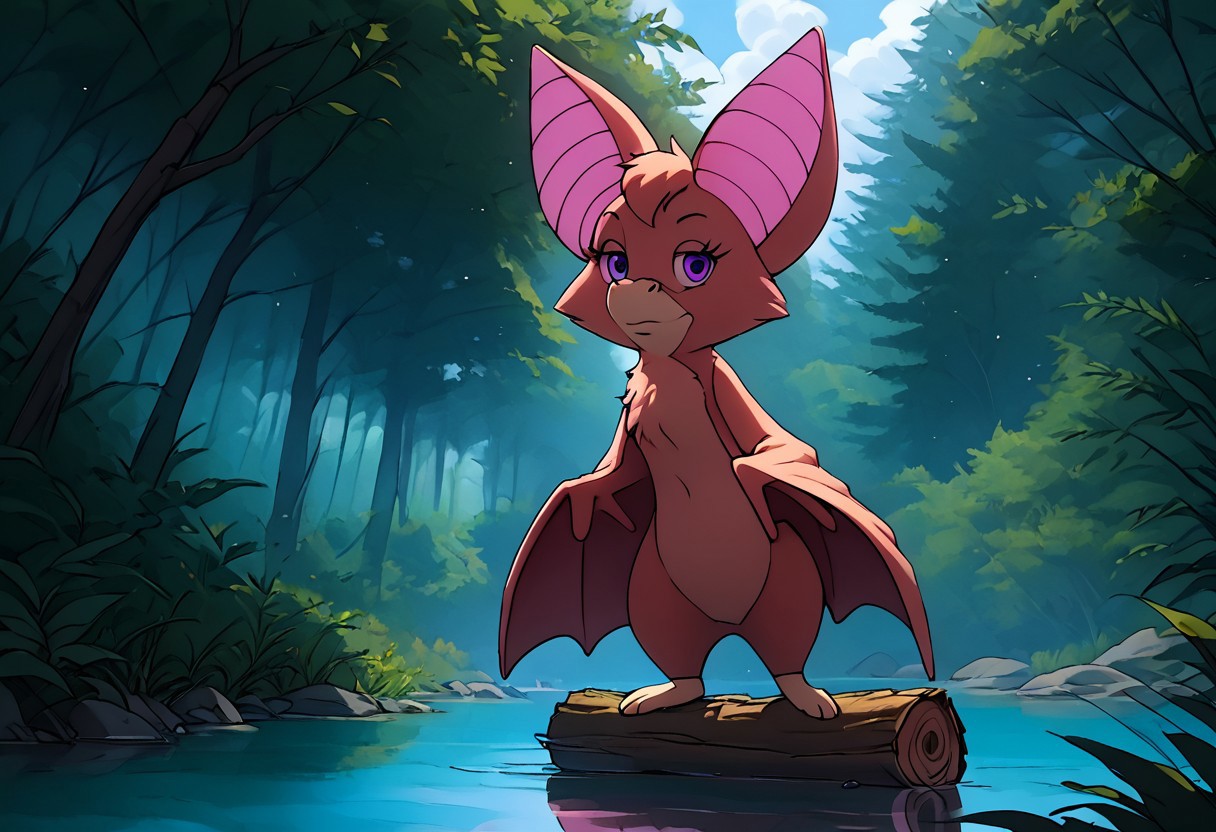score_9, score_8_up, score_7_up, (best quality:1.1), ultra-detailed, great quality, high resolution, (((8k))), BREAK. 
1girl, bat, bat girl, anthro, Foxglove bat, BREAK. 
view from below, epic view, BREAK. 
day time, summer, dew drops, the lights of a sun, natural light, detailed sun rays, the glitter of dew drops, BREAK. 
forest, green grass, trees, a large old tree log, (green Forest), pond, glare on the water, highly detailed background, (green Forest:1,4), large drops of dew on leaves, BREAK. 
giant bat wings, wings much larger than body, detailed wings, BREAK. 
detailed fluffy fur, two fangs, detailed fangs, detailed big purple eyes, highly detailed face, (very detailed face:1.4) BREAK. 
Seductive look, seduction face, looking at viewer, sexy pose, smiles, cuteness, kawaii, fluffy, BREAK. 
stands in the water near the log