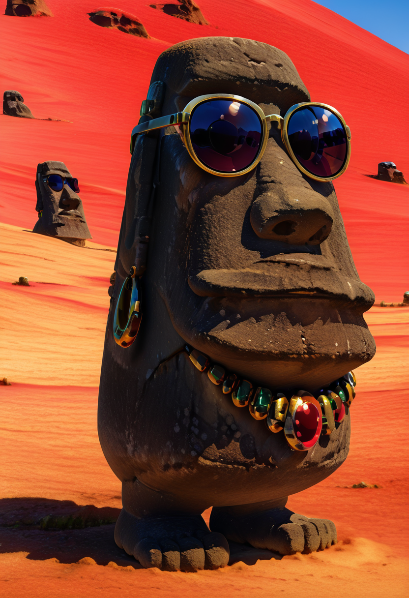 masterpiece, best quality, no humans,   zzMoai, jewelry, standing, full body, earrings, shadow, sunglasses, sand, animal focus, desert  ,<lora:MoaiEasterIsland_IXL:1.0>,