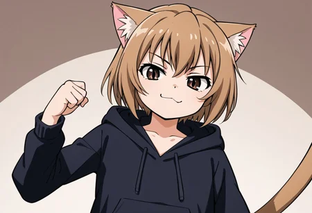Aisaka_Taiga, 1girl, solo, flat chest, brown_eyes, catgirl, hoodie, from below, step over viewer, smirk