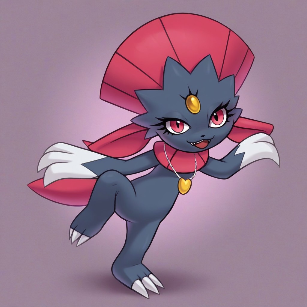 weavile, pokemon, female, (((eyelashes))), disney, girly, (((wearing pink heart necklace))), full body, solo, looking at viewer, open eyes, open mouth, happy, smiling, dancing, posing, solo, semi-anthro