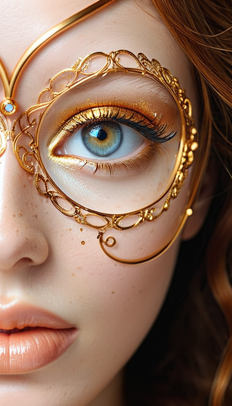 Close-up gorgeous girl face , cute, bang, freckles, striking large eyes, aligned eyes, mirror eyes, (half smile),
BREAK,
(wearing transparent Venetian Mask with intricate very detailed gold filigree), (thin detailed gold filigree), curly ginger hair, braid,
long lashes, trendy portrait,
tender Aesthetic nose, Aesthetic chin, ears, puffy lips, sensual lips, detailed texture, detailed eyes, detailed skin, clean skin,
<lora:Someplastic:1>, (ultra sharp focus:1.8), (detailed skin:1.8), (thin lines:1.8), (best quality:1.8),
<lora:Apparatus_-_Traction_City_Walkers_Vehicles:0.7>,
<lora:add-detail-xl:1> (ultra sharp focus:1.8), (detailed skin:1.8), (thin lines:1.8), (best quality:1.8),
<lora:glowneon_xl_v1:0.8>