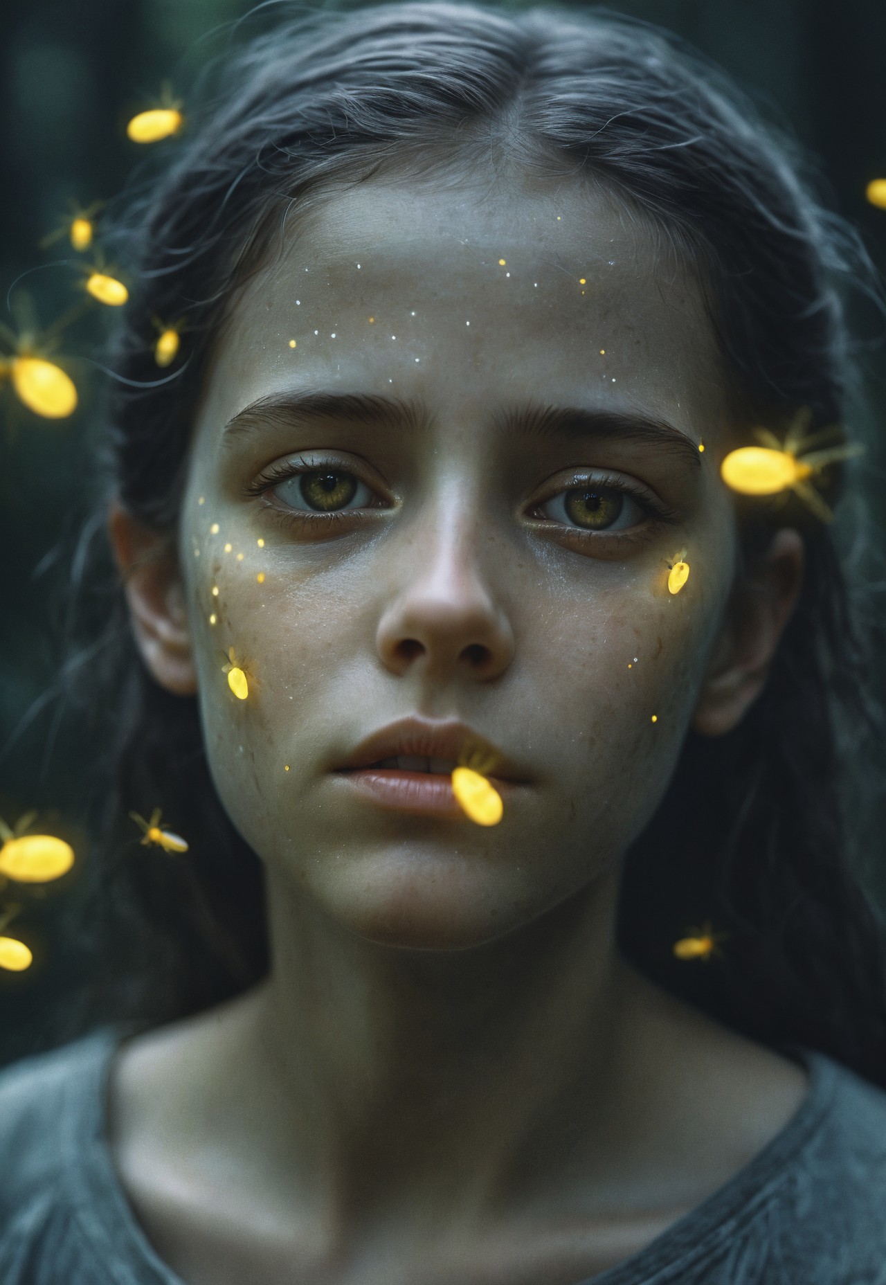Film still, Close of a Dreamy and Otherworldly sad looking Girl’s Face, shiny Gray alien Skin, Glowing yellow fireflies Around her, (monochromatic Muted Tones:1.2), Dreamy Ethereal Atmosphere, 35mm film, Film Grain, Cinematic