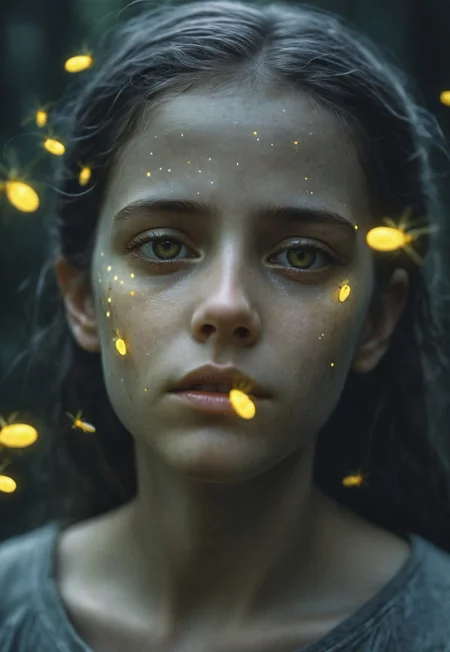 Film still, Close of a Dreamy and Otherworldly sad looking Girl’s Face, shiny Gray alien Skin, Glowing yellow fireflies Around her, (monochromatic Muted Tones:1.2), Dreamy Ethereal Atmosphere, 35mm film, Film Grain, Cinematic