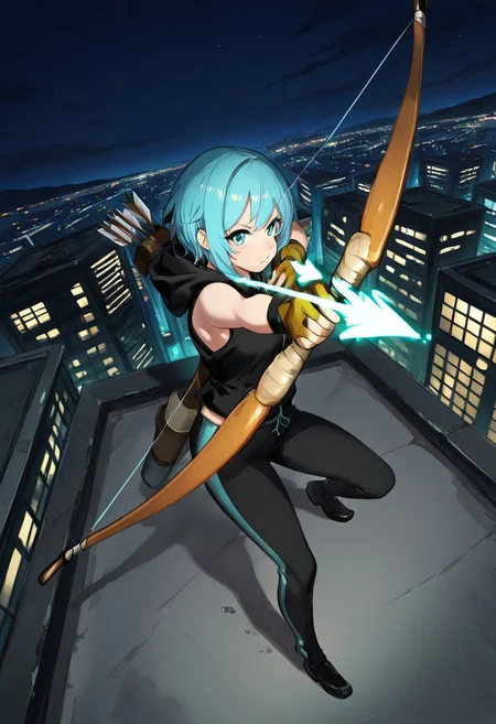 masterpiece, best quality, zzArrow, zzAtU, sleeveless hoodie, bow and arrow, city rooftop, aiming, neon lights, night sky, turquoise eyes, focused expression, blue hair, urban setting, full body, cityscape, determined pose, dynamic, action shot ,(dynamic pose, foreshortening), ,<lora:ZZArrow_IXL:1.0>,