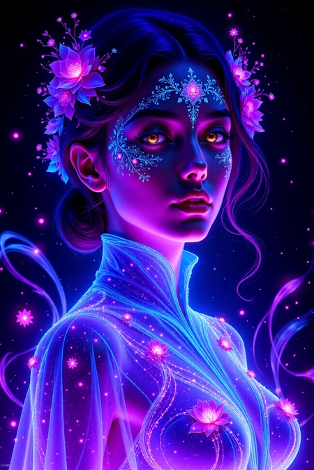 <lora:DGLO_style_v.81:0.75> DGLO style. This is a vibrant, highly detailed digital artwork featuring a young woman with a fantastical, glowing aesthetic. The artwork uses a stylized, surrealistic technique with vivid, neon colors and a mix of realism and fantasy elements. The woman has a striking, ethereal appearance with an elongated, slender face, piercing golden-yellow eyes, and a subtle, knowing expression. Her hair is styled in a flowing, loose manner with strands cascading down her shoulders, adorned with delicate, glowing blue and purple flowers. She is dressed in a shimmering, high-tech, asymmetrical garment that resembles a futuristic, iridescent robe. The fabric appears to be infused with glowing, swirling particles that match the color palette of the artwork, creating a mesmerizing, luminescent effect. Her face is intricately decorated with glittering, blue floral designs that seem to be part of the fabric, blending seamlessly into her skin and hair. The background is a deep, dark, almost black space filled with swirling, glowing lines and stars, enhancing the ethereal atmosphere. Small, glowing, star-like flowers and orbs float around her head and shoulders, adding to the magical, otherworldly ambiance.