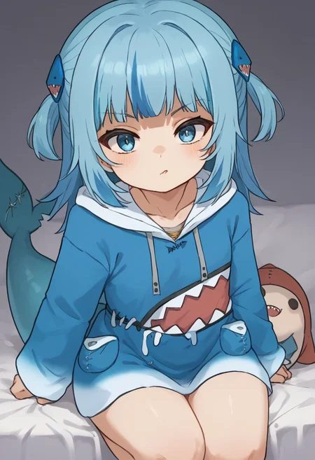 score_9, score_8_up, score_7_up, score_6_up, source_anime, ultra quality, clear lines, looking at viewer, (/kawai style), (/chibi style), gawr gura, blue hoodie, two side up, shark hair ornament, shark tail, gawr gura, blue hoodie, shark hood, shark tail