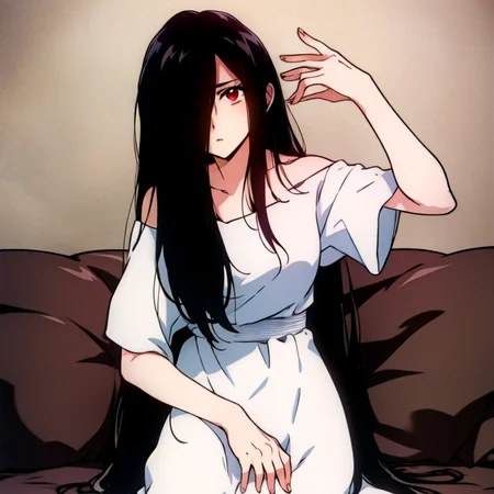 ((masterpiece)),(best quality), absurdres,sadako_yamamura,red eyes, white dress,<lora:Sadakobest:0.8>, <lora:evangelion1995Style_v1:0.8>,