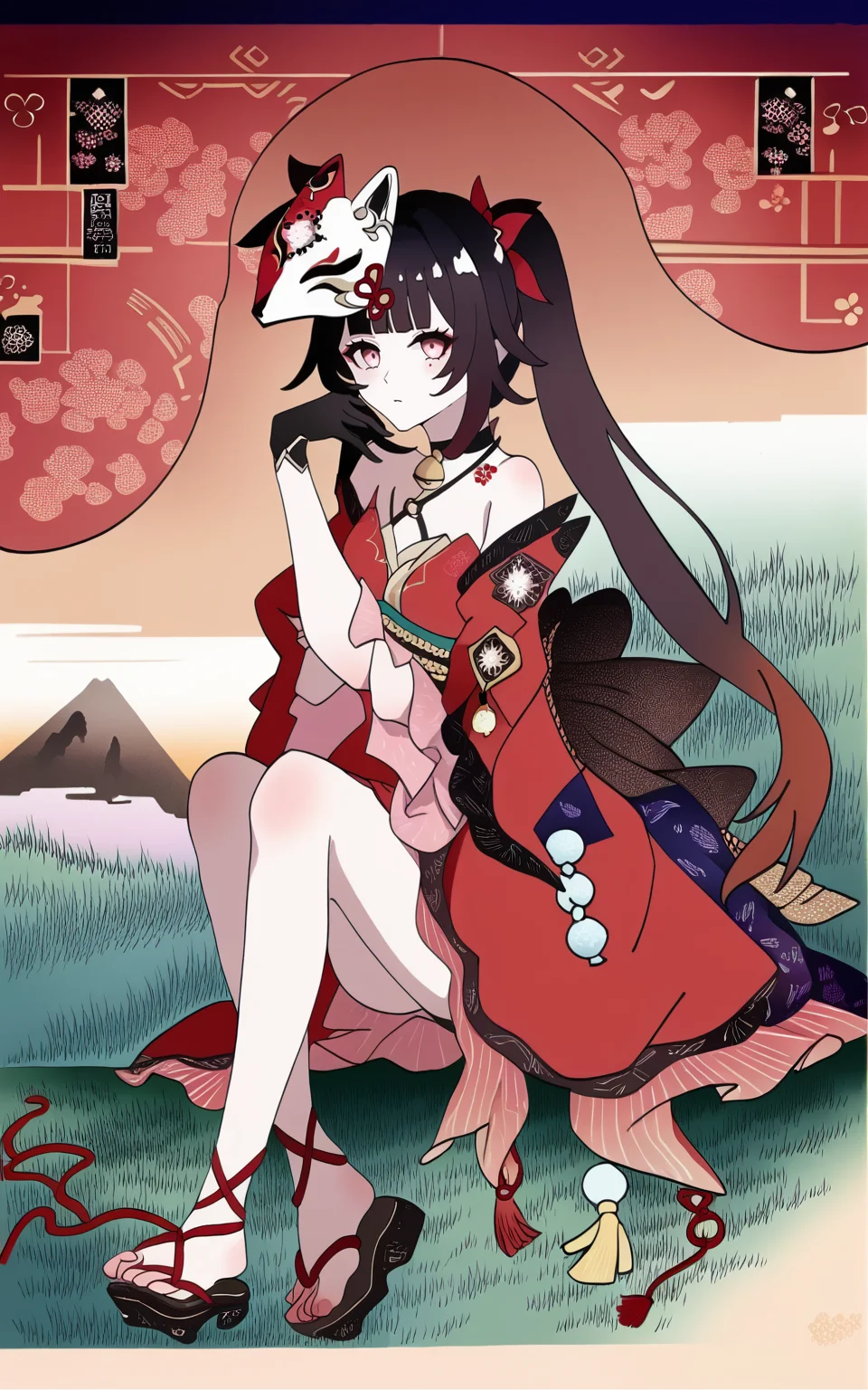 score_9, score_8_up, score_7_up, score_6_up, score_5_up, score_4_up, source_anime, jptradartpny, 1girl, solo, 1girl, sparkle_\(honkai:_star_rail\), fox_mask, bare_shoulders, red_dress, mask_on_head, neck_bell, black_choker, absurdres, criss-cross_halter, black_gloves, sandals, (sitting), outdoors, grass, river, mountain, day, sky, clouds, (full body), looking at viewer, <lora:sparkle_pony:1>, <lora:jptradartpny:1.5>