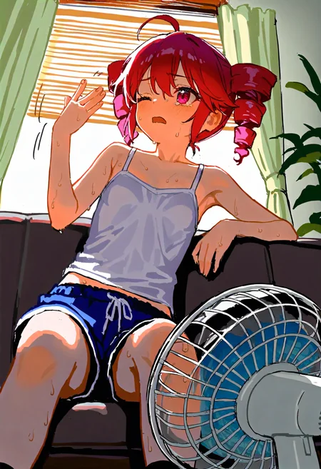 (ningenmame:0.95), (ciloranko:0.95), (shosho_lwlw:0.95), (tianliang_duohe_fangdongye, as109:0.9), 1girl, kasane teto, red hair, twin drills, one eye closed, rectangular mouth, looking up, looking away, (fanning self:1.1), motion blur, motion lines, alternate costume, white camisole, shorts, (socks:1.1), sitting on couch, reclining, hot, sweat, from below, indoors, couch, electric fan, window, curtains, amazing quality, very aesthetic, absurdres