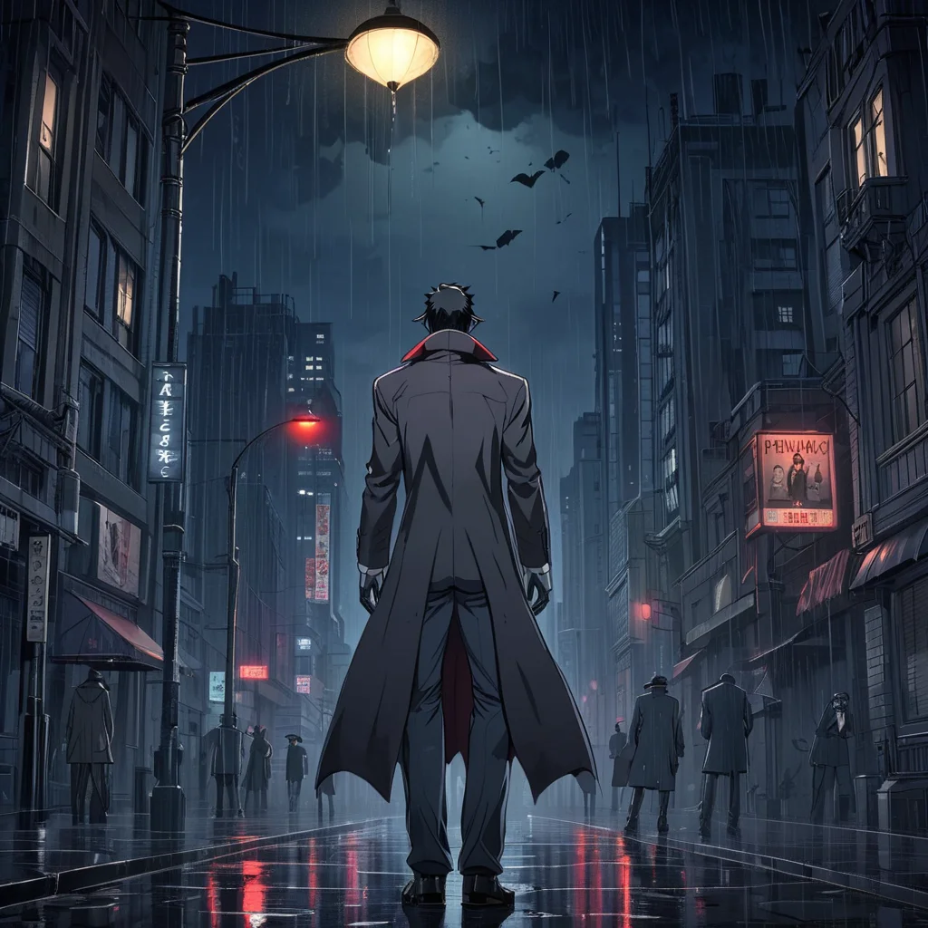 <lora:ArsMJStyle_-_AnimeBSDXL:1> ArsMJStyle, AnimeB , A brooding vampire detective solves paranormal crimes in a perpetually rainy, noir-inspired metropolis. Dark, moody atmosphere with occasional pops of vivid color.
