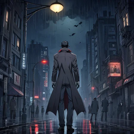 <lora:ArsMJStyle_-_AnimeBSDXL:1> ArsMJStyle, AnimeB , A brooding vampire detective solves paranormal crimes in a perpetually rainy, noir-inspired metropolis. Dark, moody atmosphere with occasional pops of vivid color.