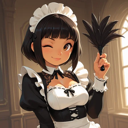 1girl, tan skin
French Maid Uniform â Traditional black and white with lace trim. (Pose: holding feather duster, playful wink; Camera: close-up; Setting: luxurious mansion.)
<lora:DarkfireStyle11:1>