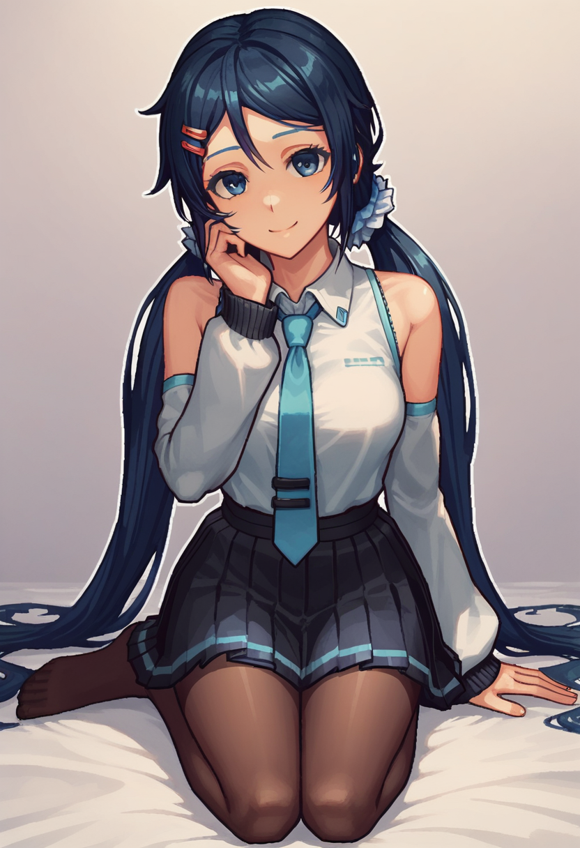 solo, <lora:Mita:0.55> mi_ta, 1girl, dark blue eyes, dark blue hair, braids hair, long hair, scrunchie, barrette pins, black_pantyhose black_skirt black_sleeves blue_eyes blue_hair closed_mouth collared_shirt detached_sleeves full_body hair_between_eyes hair_ornament hand_on_own_cheek hand_on_own_face long_hair long_sleeves outline pantyhose pink_background pixel_art pleated_skirt shirt simple_background sitting skirt sleeveless sleeveless_shirt smile solo twintails very_long_hair vocaloid white_background white_shirt wide_sleeves yellow_outline <lora:Smooth Anime Style LoRA XL:1> <lora:Pony_DetailV1.0:1>, score_9, score_8_up, score_7_up,