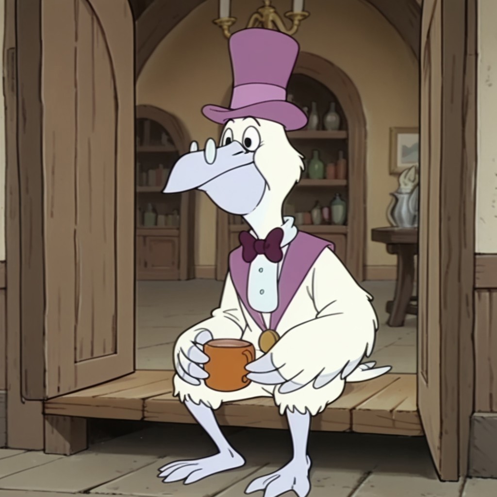 masterpiece, best quality, amazing quality, MayorPelicanbbil, semi-anthro, male, Pelican, bird, white feathers, black eyes, winged arms, purple top hat, gold medal, white dickie, purple bow tie, round glasses, sitting, inside, drinking tea