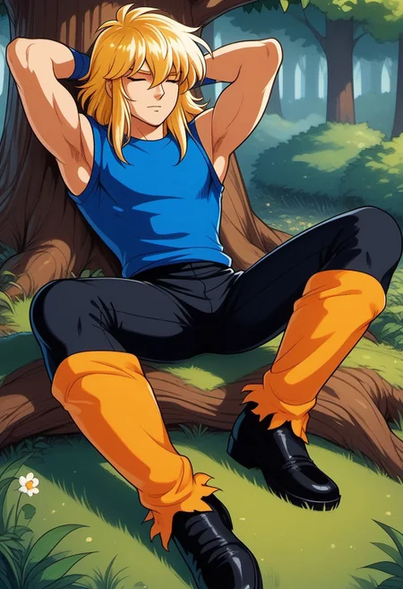 score_9, score_8_up, cygnhyoplain 1boy, blue eyes, slender figure, toned male, wavy blonde hair, blue sleeveless shirt, blue wristbands, black pants, orange leg wraps, black shoes, outdoors, grassland, trees, view from the side, lying on back, hands behind head, eyes closed, FMW1, painterly, vibrant details