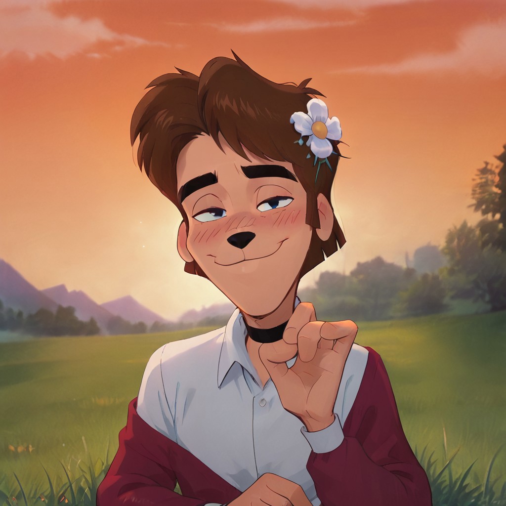 bradleyuppercrust, 1boy, dog nose, animal ears, furry male, short hair, brown hair, blue eyes, solo, hair flower, grass, shy smile, choker, white shirt, collared shirt, ruffle on shirt, puffy sleeves, long sleeves, pov, blush, outdoors, retro artstyle, score_9, score_8_up, score_7_up, score_6_up, score_5_up, score_4_up, looking at viewer, soft lighting, sunset, orange sky, clouds, wheat field, half-closed eyes, light pose, airy fabrics, off shoulder, sitting on grass, white flowers:1.6, upper body, cartoon screenshot, cartoon, ((left hand straightens hair)), relaxed pose, soft, calm,