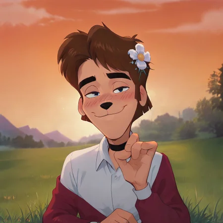 bradleyuppercrust, 1boy, dog nose, animal ears, furry male, short hair, brown hair, blue eyes, solo, hair flower, grass, shy smile, choker, white shirt, collared shirt, ruffle on shirt, puffy sleeves, long sleeves, pov, blush, outdoors, retro artstyle, score_9, score_8_up, score_7_up, score_6_up, score_5_up, score_4_up, looking at viewer, soft lighting, sunset, orange sky, clouds, wheat field, half-closed eyes, light pose, airy fabrics, off shoulder, sitting on grass, white flowers:1.6, upper body, cartoon screenshot, cartoon, ((left hand straightens hair)), relaxed pose, soft, calm,