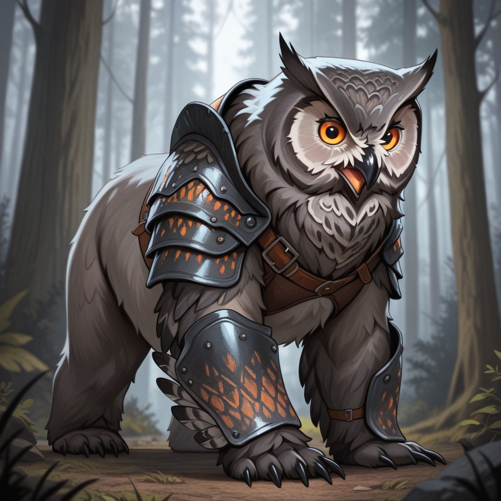 masterpiece, best quality, amazing quality, very aesthetic, solo, full body,
owlbear, feral, owl's head, bear's body,
1 male, grey fur, orange eyes, feral armor,
looking at the viewer, posing,
fantasy background, blurred background, forest,