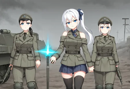 Best quality,ultra Hd, war zone ambience,short skirt,source anime, hammer and sickle cross symbol on red flag,game CG,battle style thigh high sock, smooth skin, soft medium round breast,glowing body,nice blue eye,long light white hair girl,side ponytail with ribbon, black & white elegant Soviet army winter outfit, outdoor,bare shoulder,waifu material, very sour face, hand hold SVD riffle , lawfull good tsundere girl,  serious vibes, she with upset face with  position to fire ,pointing gun at enemy,arctic cycle front,under heavy enemy concentrate fire, Trench 
with barbwire background,bottle of Vodka,sit on Trench with return fire,bullet casing, Blizzard ,pout face,cold looking eye, group of Ally soldier support  her  with fire from armored personal carrier turret gun,trenches warfare,T 34 tank with red flag fighting armored train mortar