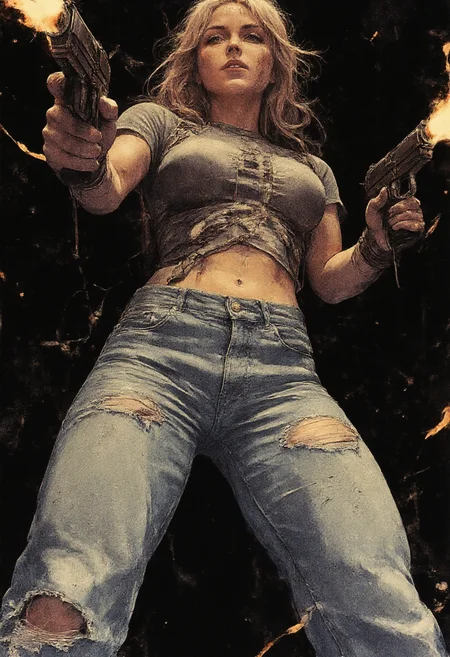 Female karolineleavitt her huge tits. Perfect nipples. half naked. karolineleavitt wearing ripped, oil-stained jeans. Her arms on pistols are very realistic.  she is shooting her pistol gun at an enemy outside of the frame chasing after her, empty bullet casting flying in the air, tracer bullets are whizzing by her, but she stands firm and resolute as the flame from gunfire is casting lights and shadows adding a dramatic sense to the scene, epic battle, night time.  Black  background. Very detailed.ark night, intricate, highly detailed, watercolor anime style. Dystopian, shades of gray with highlight colors. Angled, legs apart, pointing gun at camera. Extreme perspective. Action pose with gun. Cinematic action style. <lora:RetroAnimeFluxV1:0.7> <lora:Mezzotint_Artstyle_for_Flux_-_by_Ethanar:0.7> <lora:Karoline_Leavitt_FLUX:1.4> <lora:CPA:0.8>