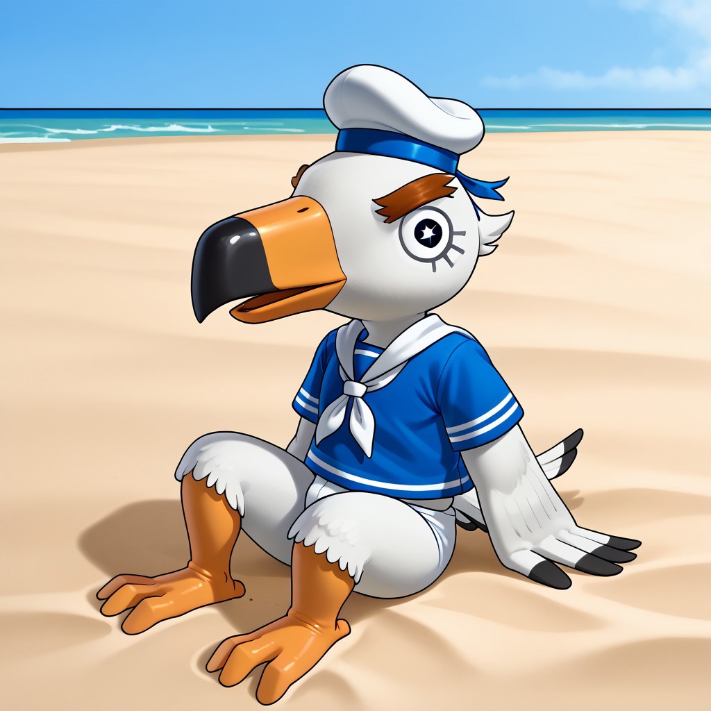 1boy, furry, solo, seagul, bird, white feathers, beak, orange beak, thick eyebrows, black eyes, star pupila, blue shirt, sailor shirt, bottomless, flat feet, three toes, white hat, sailor hat, sitting on the sand, beach