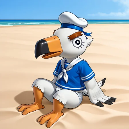 1boy, furry, solo, seagul, bird, white feathers, beak, orange beak, thick eyebrows, black eyes, star pupila, blue shirt, sailor shirt, bottomless, flat feet, three toes, white hat, sailor hat, sitting on the sand, beach