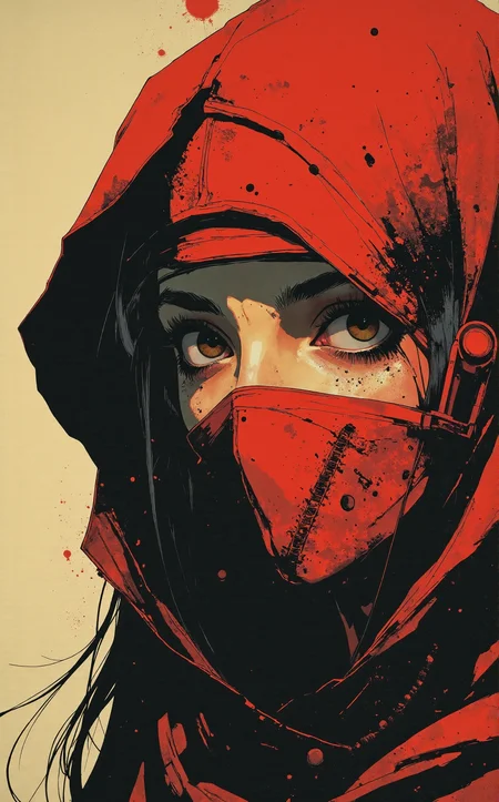 Off-center composition, low angle, three-quarters view, The image is a close-up portrait of a woman's face. The woman is wearing a red headscarf that covers her entire face. Her face is partially obscured by the scarf, which is made up of small red beads that are arranged in a diagonal pattern. The beads are of different sizes and shapes, creating a textured and intricate design. The scarf is draped over her head, covering her face and neck. The background is a neutral beige color, making the red color of the scarf stand out. The overall mood of the image is mysterious and captivating., dark and dim light, anime artwork comic art by Tsubasa Nakai, Painting, art by Richard M. Powers, Illustration, , Science fiction art, surreal, atmospheric, Hyperrealism, urban landscapes, detailed . graphic illustration, comic art, graphic novel art, vibrant, highly detailed . anime style, key visual, vibrant, studio anime, highly detailed