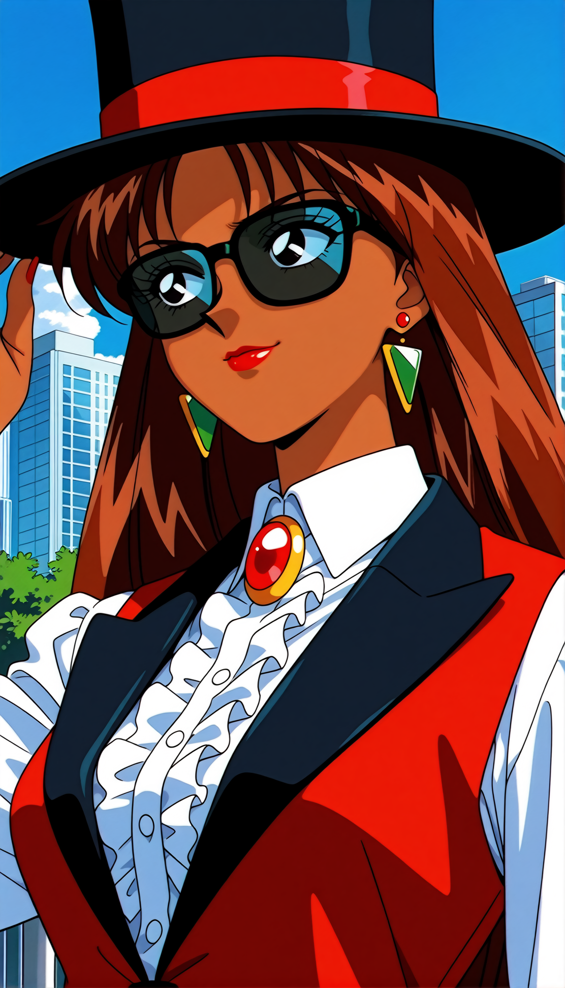 masterpiece,best quality,amazing quality,<lora:sailorcrow ill:0.8>,sailorcrow ill,1990s \(style\),1girl,solo,black eyes,brown hair,long hair,dark skin,dark-skinned female,retro artstyle,jewelry,hat,earrings,lipstick,makeup,red lips,shirt,top hat,white shirt,sunglasses,vest,upper body,black headwear,frills,smile,collared shirt,brooch,cityscape,