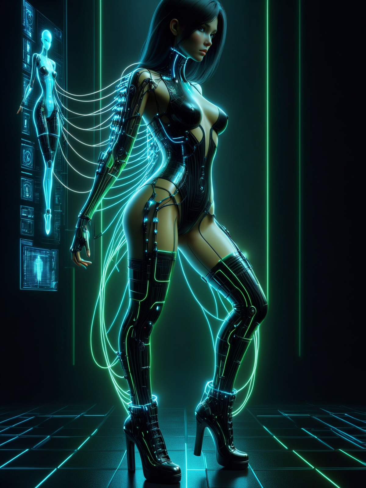 woman in dark matrix, Leaning on one leg pose <lora:Neon_Cyberpunk_SDXL:1> neonbody, cablelink, holodrift, (masterpiece:1.2), best quality