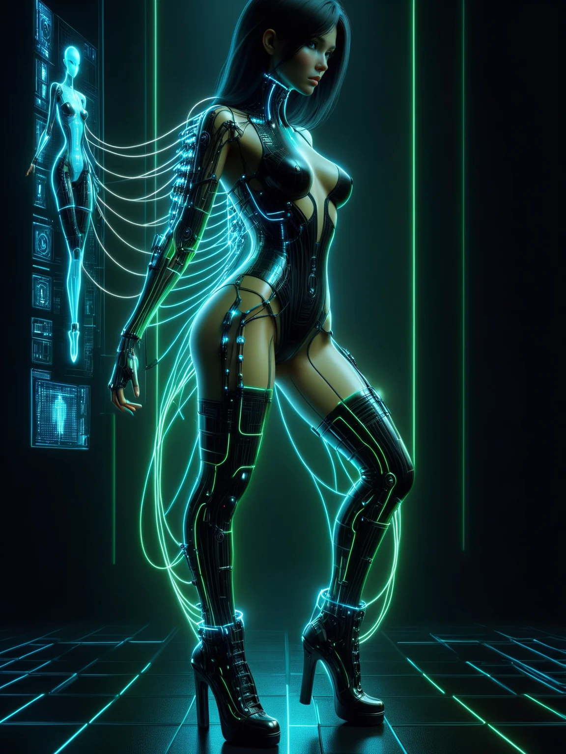 woman in dark matrix, Leaning on one leg pose <lora:Neon_Cyberpunk_SDXL:1> neonbody, cablelink, holodrift, (masterpiece:1.2), best quality