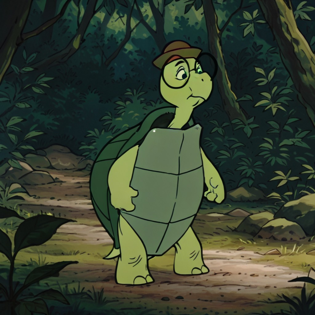 masterpiece, best quality, amazing quality, tobyRHil, semi-anthro, male, turtle, green skin, black eyes, yellow sclera, round glasses, brown hat, turtle shell, standing, in forest,, <lora:d33daba2-8fbe-4cef-885b-e5558cd895ad:1.0>