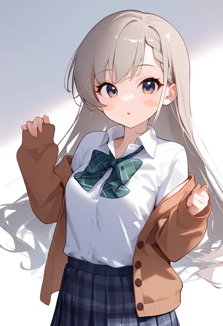 1girl,collared shirt,dress shirt,hisakawa hayate,looking at viewer,pleated skirt,simple background,solo,white background,white shirt,blue skirt,green bow,grey skirt,plaid skirt,school uniform,sleeves past wrists,blush stickers,brown cardigan,off shoulder,open cardigan,open jacket,hands up,long sleeves,parted lips,puffy long sleeves,<lora:a31_char_new_hisakawa_hayate-000026:1>masterpiece, best quality, absurdres<lora:a31_style_koni-000010:0.8>