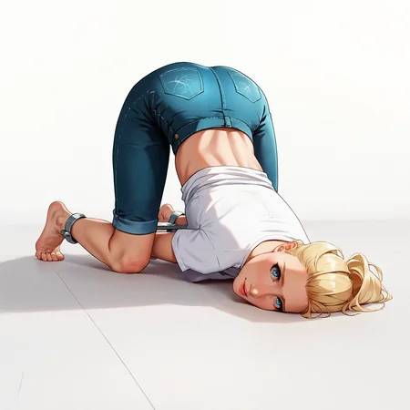 score_9, score_8_up, score_7_up, score_6_up, score_5_up, score_4_up, source_anime, source_cartoon, line art, smooth lines, flat color, 1girl, metalstocks, top-down bottom up, blonde hair, white background, white shirt, shadow, barefoot, white floor, on floor, ass, denim pants, looking at viewer