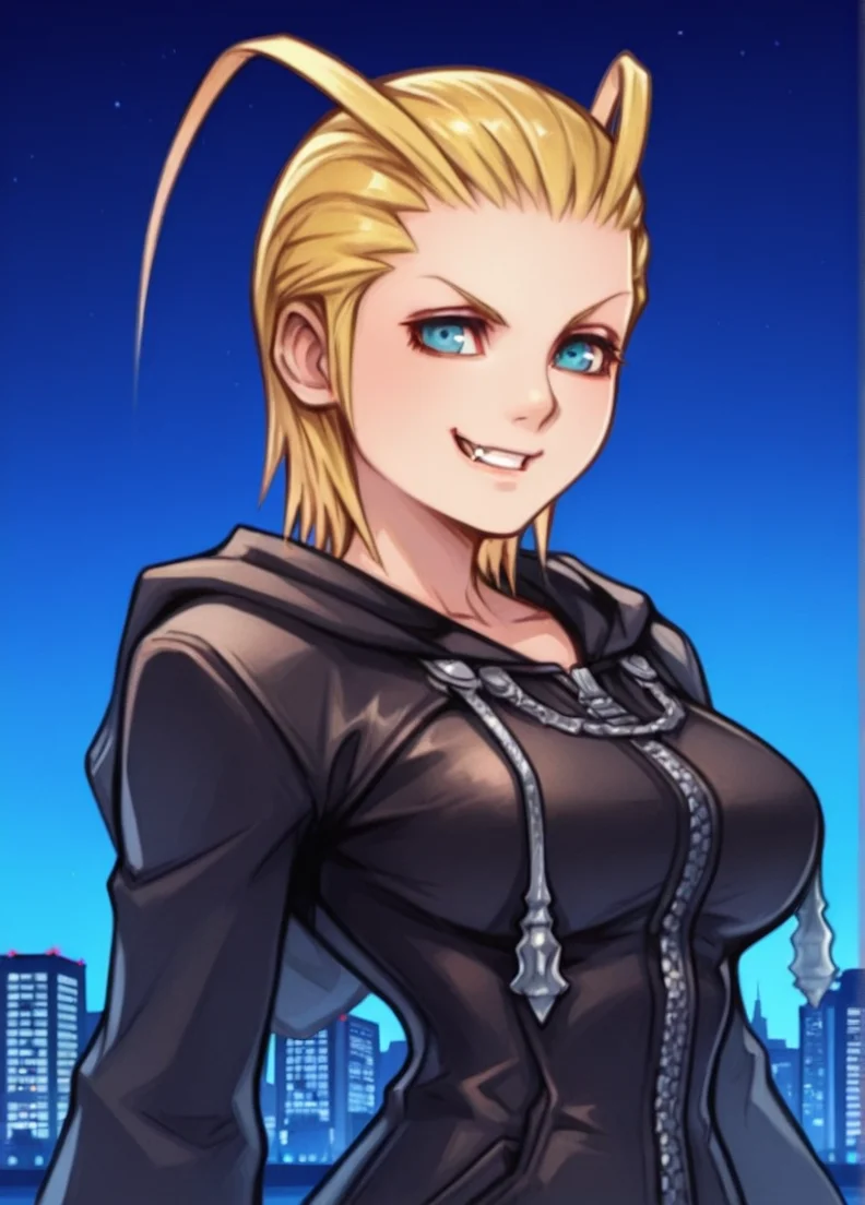 tetsuyaxd,
masterpiece, best quality, amazing quality, very aesthetic, absurdres, newest, detailed background, upper body, outdoors, night, city, sky, dynamic angle
larxenekh, 1girl, solo, blonde hair, antenna hair, hood, smirk, upper body, short hair, hood down, looking at viewer, forehead, zipper, hair slicked back, blue eyes, black coat, teeth, fang, large breasts, skindentation, curvy
<lora:Larxene_-_Kingdom_Hearts_Illustrious_r2:1> ,
<lora:Tetsuya_Nomura_Style:1>