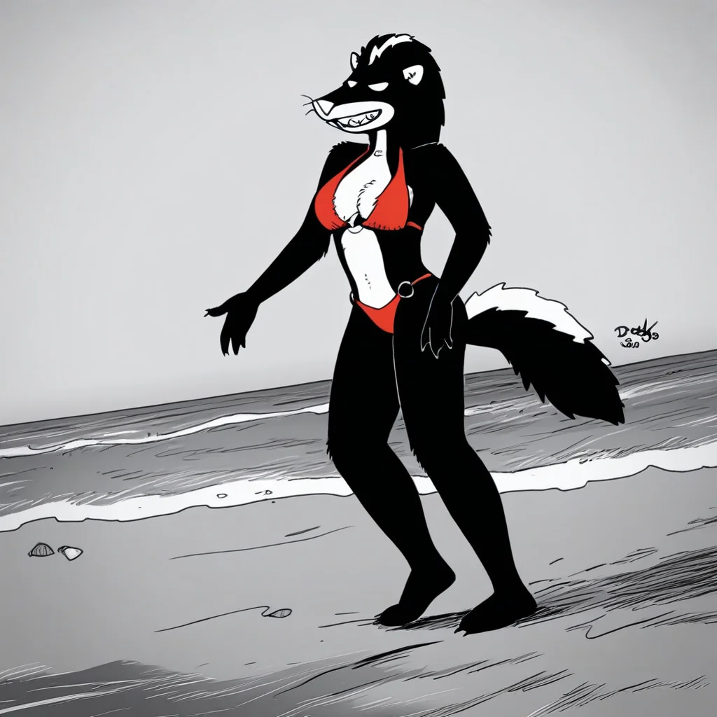 score_9, score_8_up, score_7, source_furry, O'daisies(T), Solo, 1girl, anthro, furry female, skunk, skunk girl, black and white fur, blank eyes, long hair, white hair streak, skunk tail, pink nose, sharp teeth, medium breasts, full body, looking at viewer, smiling, red bikini, o-ring, standing, beach setting,