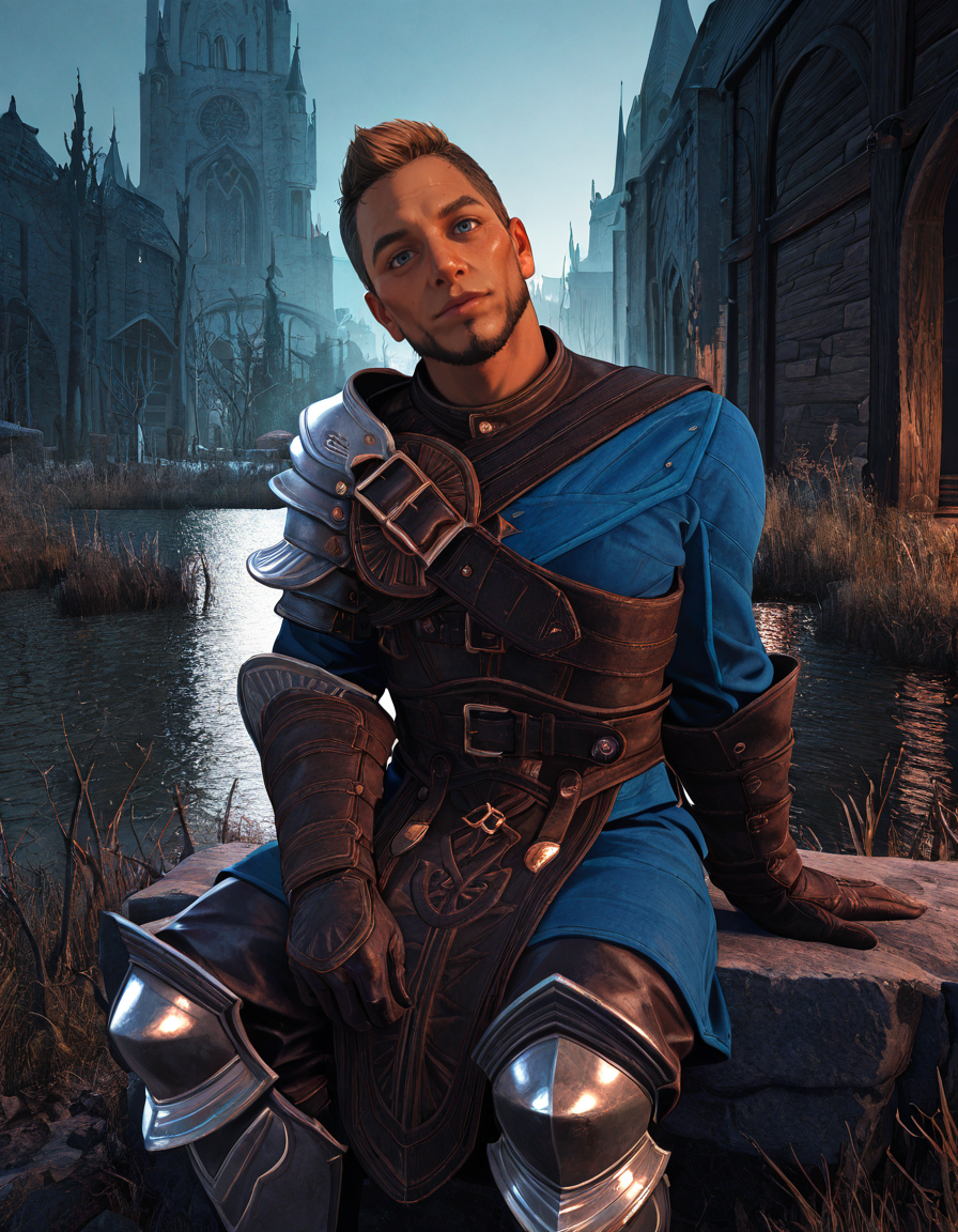 masterpiece, best quality, absurdres, newest, perfect quality, best quality, absolutely eye-catching, detailed background, intricate details, male focus, solo, realistic, <lora:Dragon Age Veilguard - Warden Tomasz - Illustrious_2-000004:0.8>, wtomasz, short hair, dark blonde hair, 1boy, mature male, blue eyes, looking at viewer, head tilt, no mustache, single pauldron, leather tunic, leather gauntlets, chest belt, leather belt, leather pants, armored knee boots, outdoors, wetland, building, head tilt, looking at viewer, sitting, on wall, contrapposto