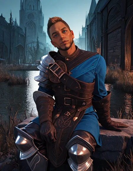 masterpiece, best quality, absurdres, newest, perfect quality, best quality, absolutely eye-catching, detailed background, intricate details, male focus, solo, realistic, <lora:Dragon Age Veilguard - Warden Tomasz - Illustrious_2-000004:0.8>, wtomasz, short hair, dark blonde hair, 1boy, mature male, blue eyes, looking at viewer, head tilt, no mustache, single pauldron, leather tunic, leather gauntlets, chest belt, leather belt, leather pants, armored knee boots, outdoors, wetland, building, head tilt, looking at viewer, sitting, on wall, contrapposto