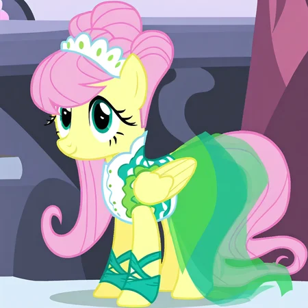 fluttershy, green shoes, front bangs, mare, smile, pegasus, wings, maid headdress, 1girl, looking at viewer, tiara, yellow skin, pink hair, maid, transparent background, ballet slippers, white tiara, solo, pointy ears, hair bun, no humans, teal eyes, blue eyes, my little pony, pony, style parody, long hair, female, full body, yellow body, green dress, parody