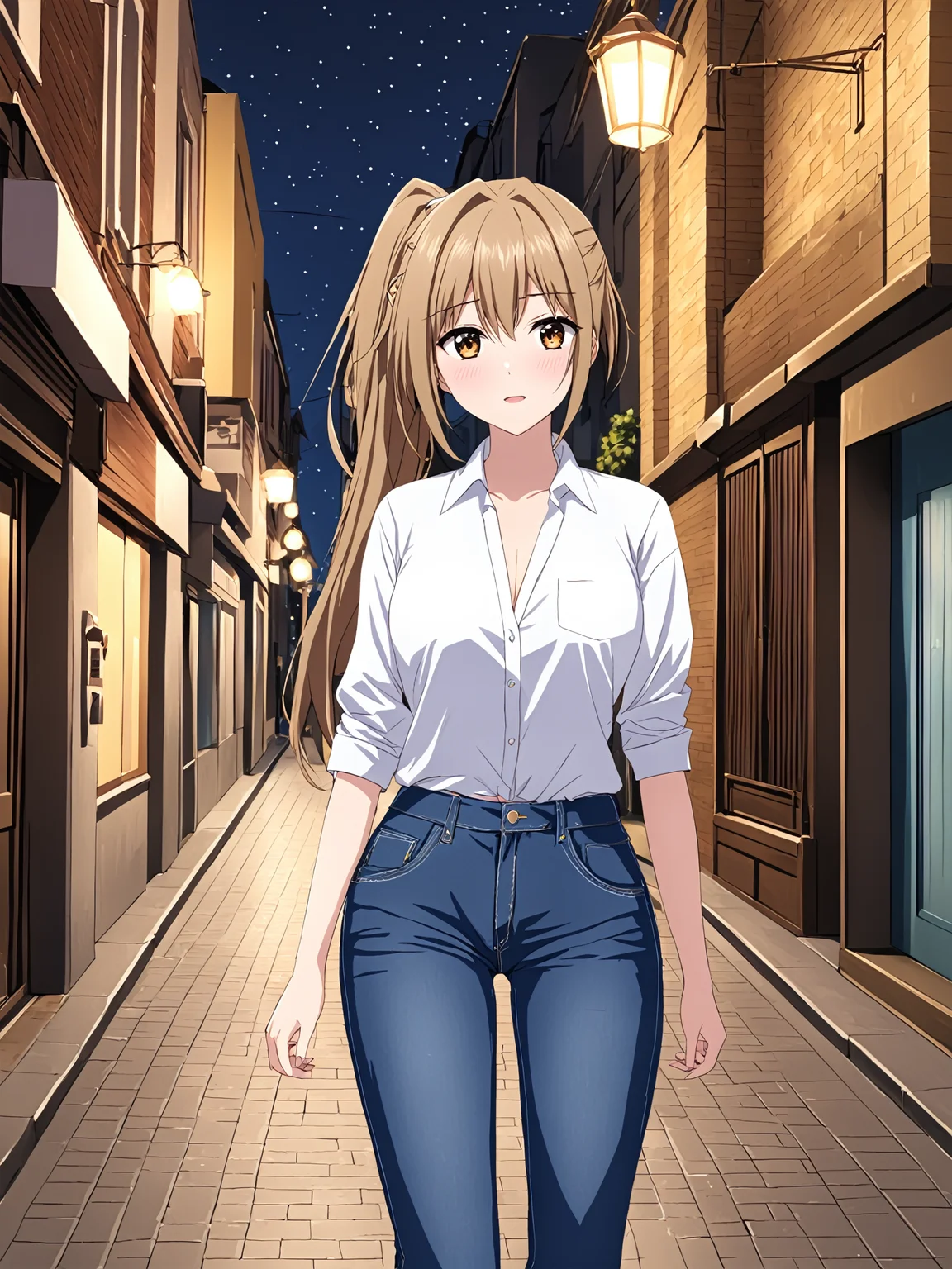masterpiece, best quality,
<lora:heroneverseenagain.sdxl.v2:1> heroneverseenagain
1girl,
brown hair, ponytail, long ponytail,
white shirt, jeans,
street, outdoors, night,