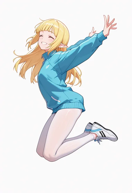 Smooth Quality,masterpiece,very intricate, high quality details, ultra realistic, high detailed skin,detailed enviorement,absurdres,
inward v,solo,
<lora:Rune_Noma_CNR:0.8> rune_cnr, pointy ears, blonde hair, long hair, yellow eyes, blunt bangs, elf,, simple background, white background, from side,
jumping, arms open, legs bent, smiling, midair, ,, =^=,, sweater, ,track jacket, ,see-through leggings, ,