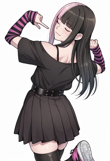 Smooth Quality,masterpiece,very intricate, high quality details, ultra realistic, high detailed skin,detailed enviorement,absurdres,
simple background, white background, dancing,skindentation, solo,from behind,pointing at self,
<lora:DangerousBitch_Femboy_CNR:0.8> dangerousfemb_cnr, 1boy,androgynous,pink hair,split-color hair, black hair, long hair, blunt bangs, pink eyes, otoko no ko,
black off-shoulder shirt, short sleeves, shirt tucked in,pleated skirt, belt, thighhighs,striped arm warmers,bra strap,sneakers,, closed eyes,, ;3,