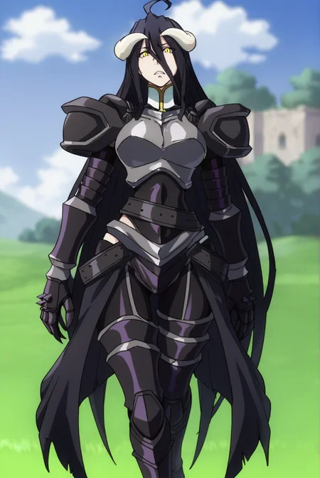 score_9, score_8_up, score_7_up, score_6_up, score_5_up, score_4_up, BREAK source_anime, 1girl, solo,
<lora:AlbedoXL-v4-07:0.7>, ChopioAlbedo, black hair, very long hair, hair between eyes, demon horns, yellow eyes, slit pupils, ahoge, looking at viewer,
large breasts,
outfit_2, black armor, shoulder armor, boobplate, gauntlets, black belt, greaves, waist cape, sabatons,
outdoors, grass, field, standing, serious, angry, parted lips,