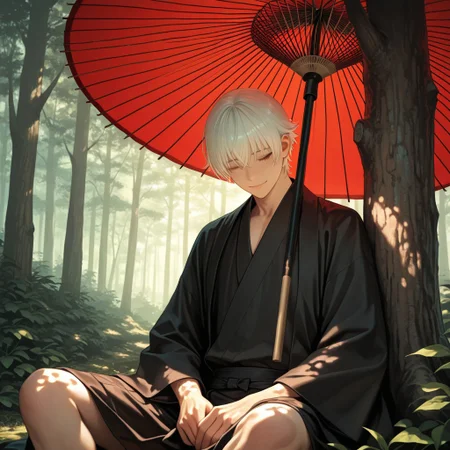 masterpiece, best quality, amazing quality, absurdres, newest, detailed background, definition so sharp, Ultra-HD, 8K cinematic, very awa, impressionate, amazing quality, highres,
solo, male focus, manly,
yashiroisana, 1boy, short hair, bangs, shiro_white hair, shiro_brown eyes, oil-paper umbrella, sitting, leaning against a tree, light smile, closed eyes, calm, forest, dappled light, sunbeams, aesthetic, serene, joyful, peaceful