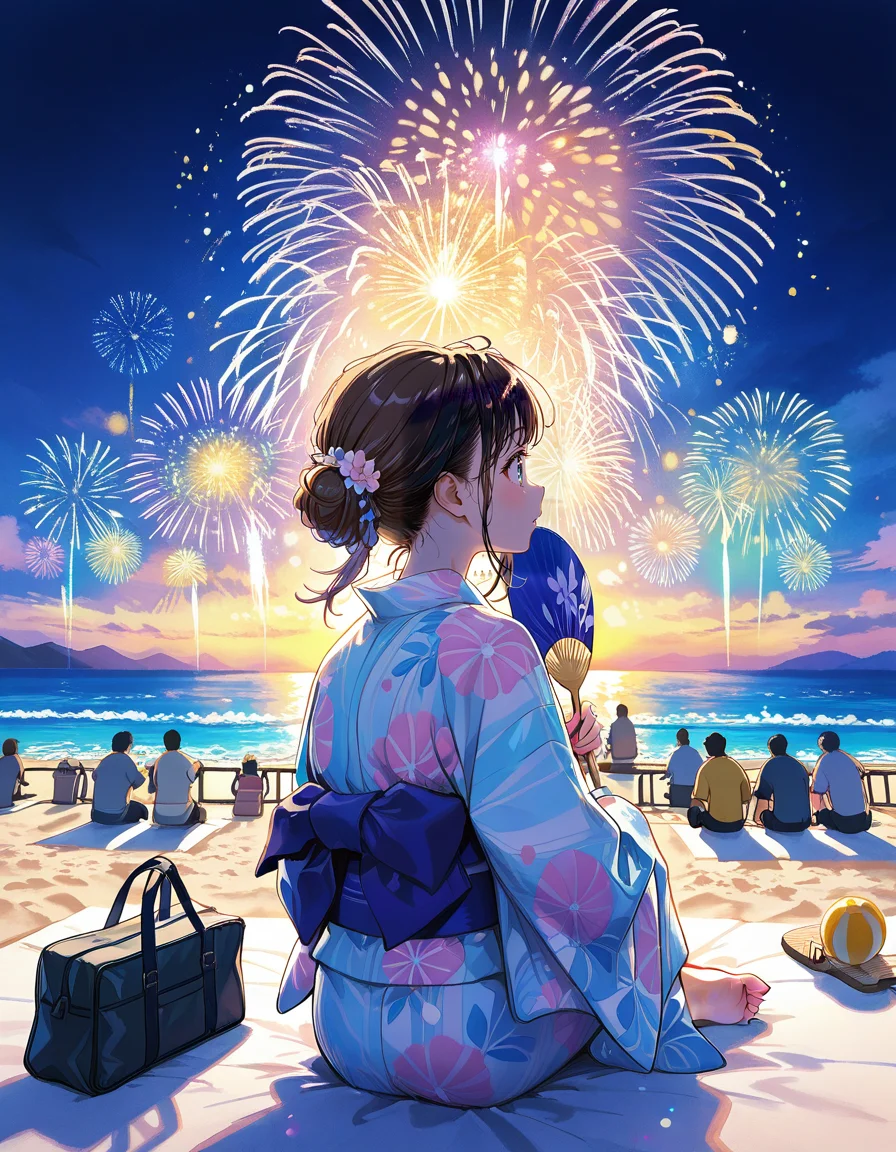 score_7_up, anime BREAK official art, solo, 1girl, one girl, 
<lora:hanabitaikai:0.9>, hanabitaikai, 
colorful fireworks, japanese clothes, kimono, night, aerial fireworks, outdoors, from behind, bag, obi, sitting, sash, hand fan, yukata, multiple boys, paper fan, multiple girls, sky, night sky, solo focus, uchiwa, multiple boys, multiple girls, people, ocean, beach, sitting, from behind, 
(masterpiece:1.3), best quality, high resolution, unity 8k wallpaper, extremely detailed CG, 8K, (watercolor \(medium\), muted color, sketch:1.1), perfect anatomy, highly finished, masterpiece, best quality, high quality, amazing quality, great quality, very aesthetic, ultra detailed, highres, absurdres, highly detailed, highly detailed background,