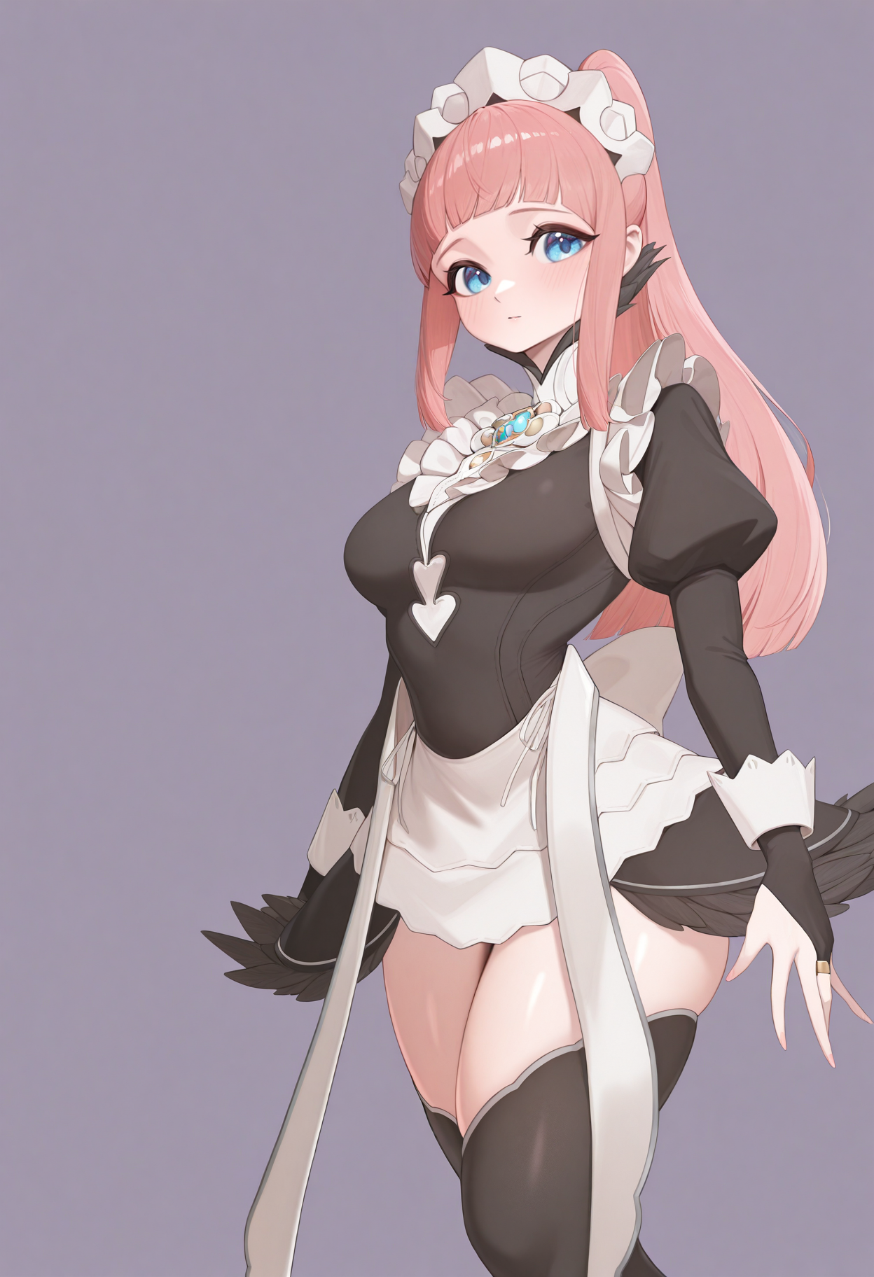 masterpiece, best quality, absurdres, highres, newest, 1girl, solo, <lora:yabby-artist-richy-v1_ixl:1>   <lora:felicia-fe-richy-v1_ixl:1> f1cdf, blue eyes, pink hair, long hair, ponytail, sidelocks, blunt bangs, maid headdress, black feathered collar, blue brooch, medium breasts, maid, juliet sleeves, maid apron, bridal gauntlets, black thighhighs, thighs, looking at viewer, simple background,