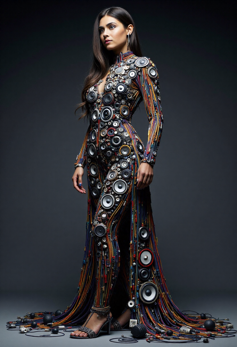 <lora:Audio_Artisan_FLUX:0.9>
Realistic photo of a woman's dress made entirely of various electronic components and audio equipment.