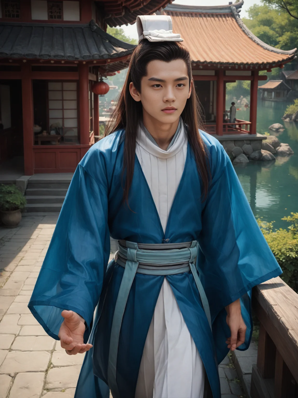 score_9, score_8_up, score_7_up, 1boy, outdoors, from above, east asian architecture, wide sleeves, long sleeves, blue hanfu, toned, long hair, brown hair, standing, yulexuanb, single bun, bun cover, detailed realistic photo, <lora:yulexuanbluesdxlponyv1:0.85>