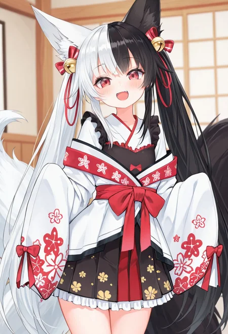 best quality,amazing quality,masterpiece,beautiful detailed eyes,bedroom,solo,perfect body,bright face,looking at viewer,caress,big eyes,mellow body,ruddy skin,dynamic pose,Alice Mana,happy,open mouth,smile,1 girl,proud expression,flat chest,tiny body,petite body,standing,(focus girl:2),negative_hand-neg, hair bell, animal ears, multicolored hair, white hair, tail, sleeves past wrists, red eyes, bell, virtual youtuber, black hair, :d, two-tone hair, smile, long hair, twintails, bow, hair ornament, animal ear fluff, looking at viewer, japanese clothes, fox ears, sleeves past fingers, very long hair, fox tail, red bow, frills, fangs, kimono, long sleeves, hair bow, skirt, bangs, jingle bell, fox girl, open mouth, indoors, split-color hair, blush, frilled skirt, pleated skirt,fang,smug